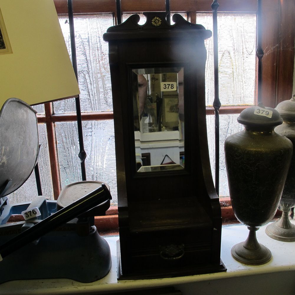 Lot 378: Small wooden mirror unit with drawer 