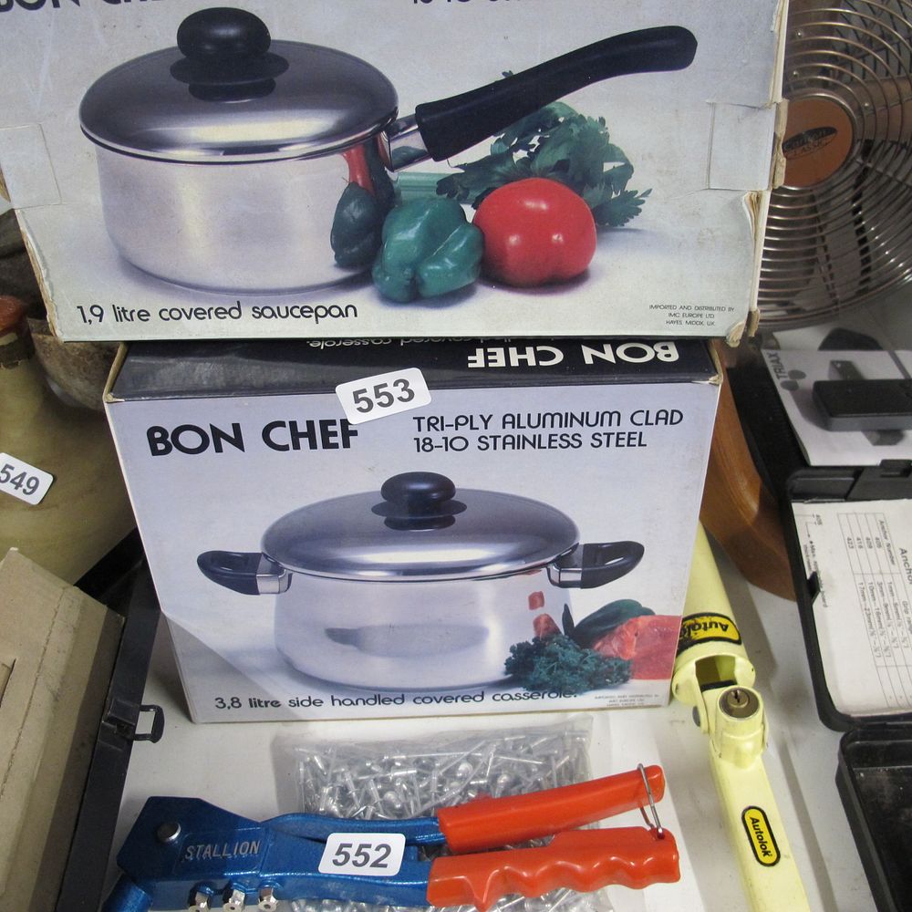 Lot 553: Boxed lidded dual handle pan
