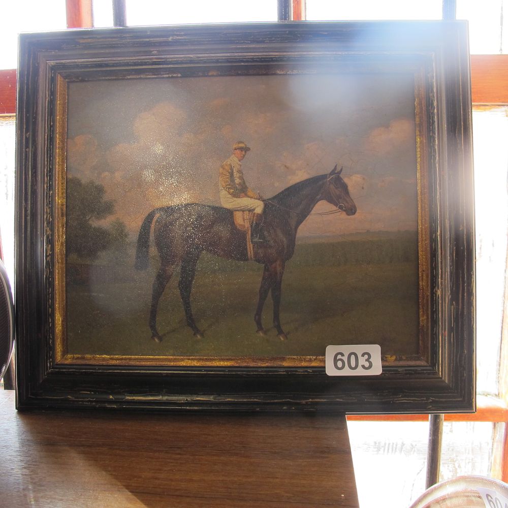 Lot 603: Vintage oil on canvas of a racehorse and...
