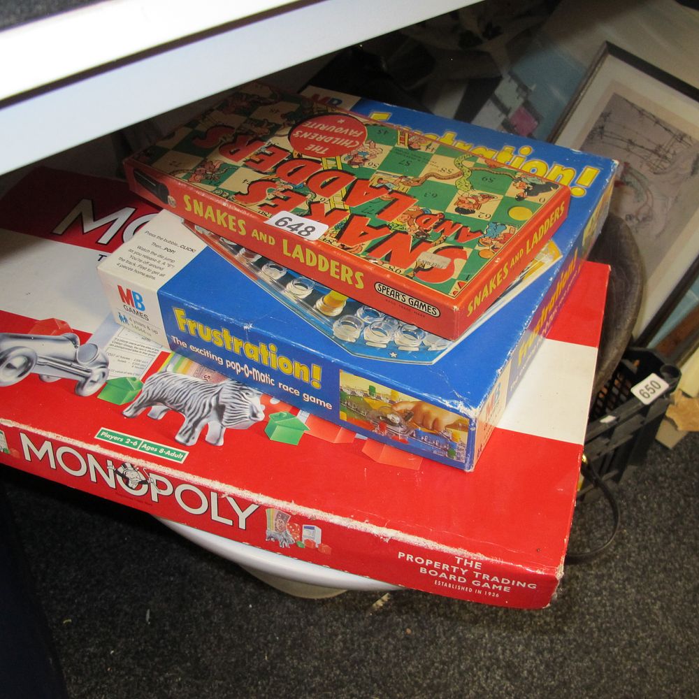 Lot 648: Monopoly/snakes and ladders & Frustration boxed games