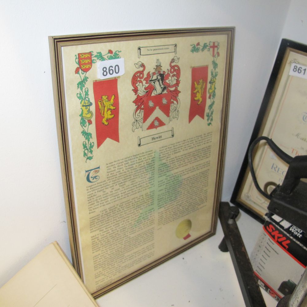 Lot 860: title certificate for the Hewitt family