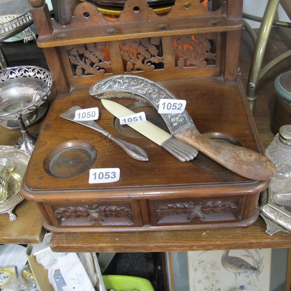 Lot 1053: antique ornate wooden stationary inkwell stand