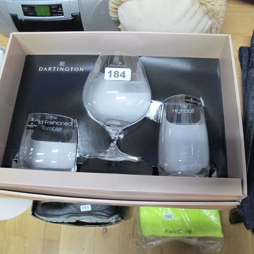 Lot 184: boxed Dartington glass trio, Brandy, Hi ball &...