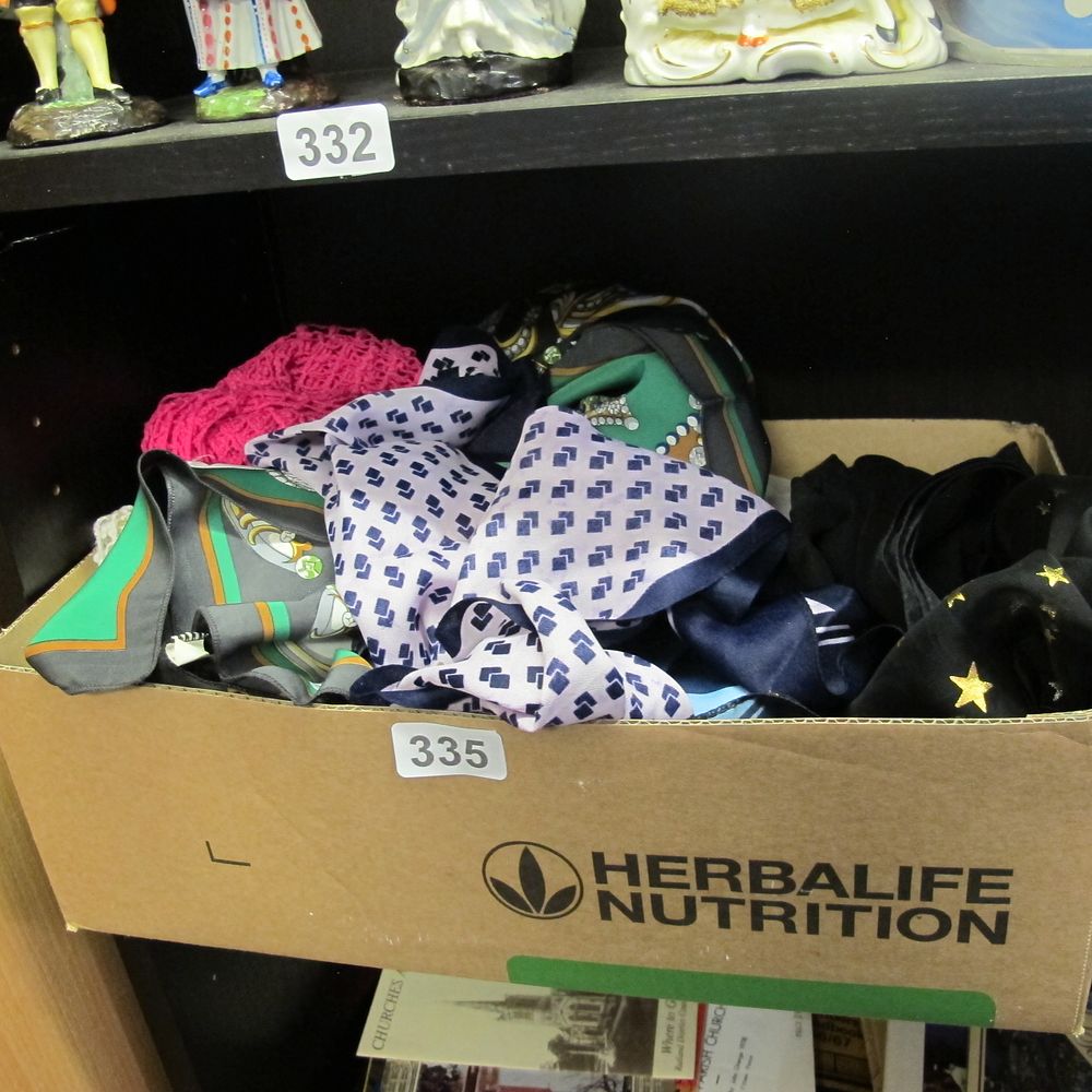 Lot 335: Box of misc scarves with some silk ones