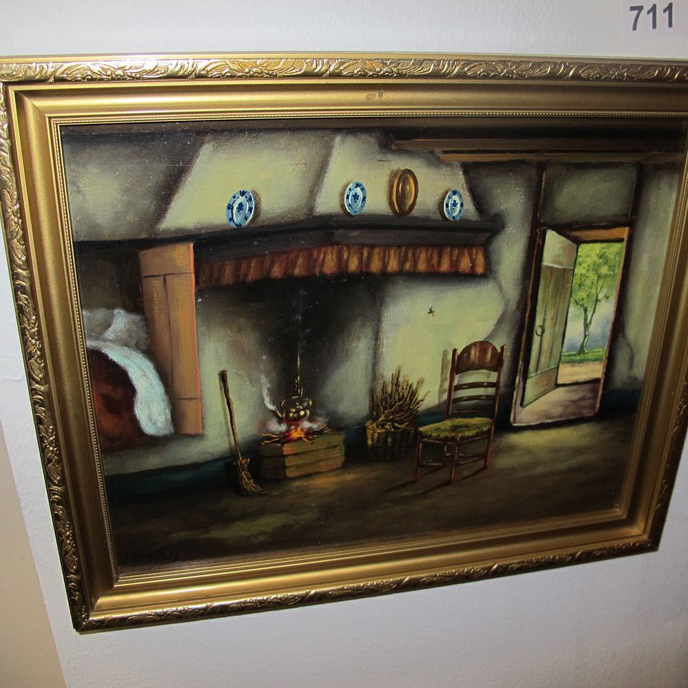 Lot 711: Framed painting of a rustic kitchen scene