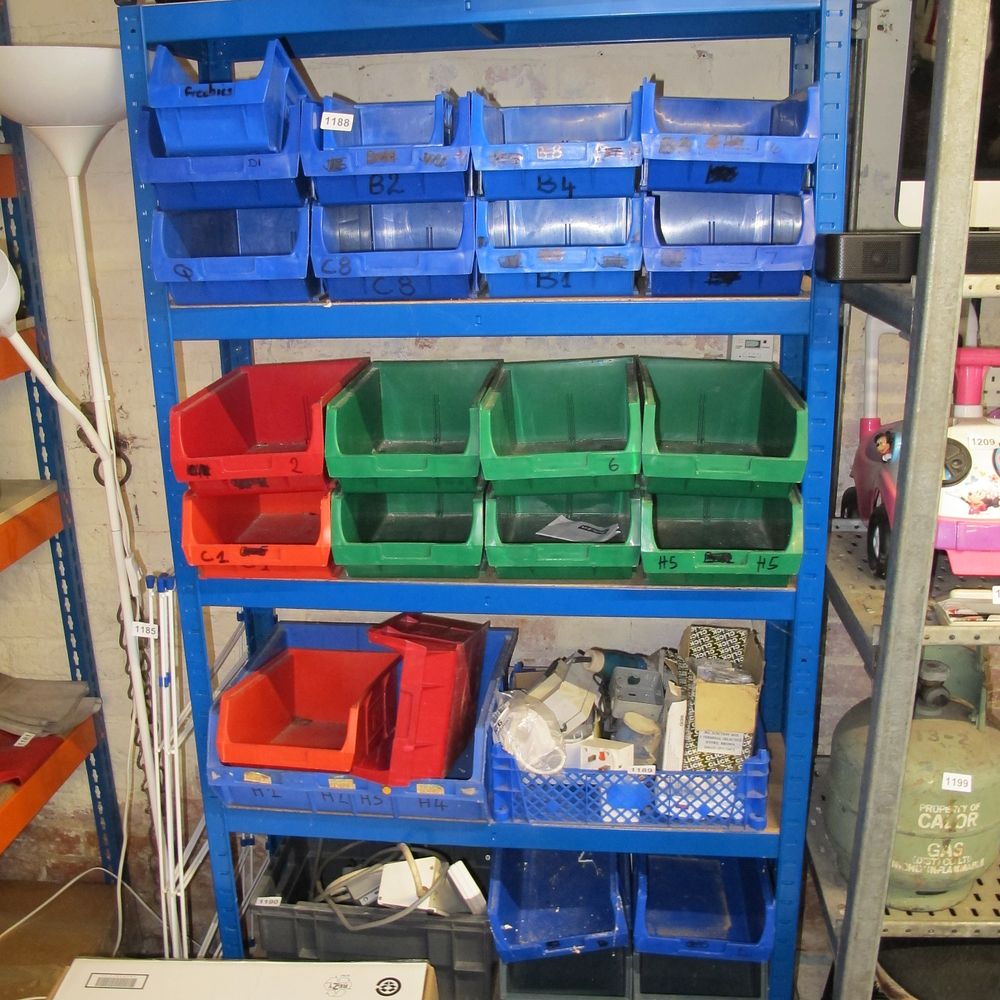 Lot 1188: workshop storage rack with bins