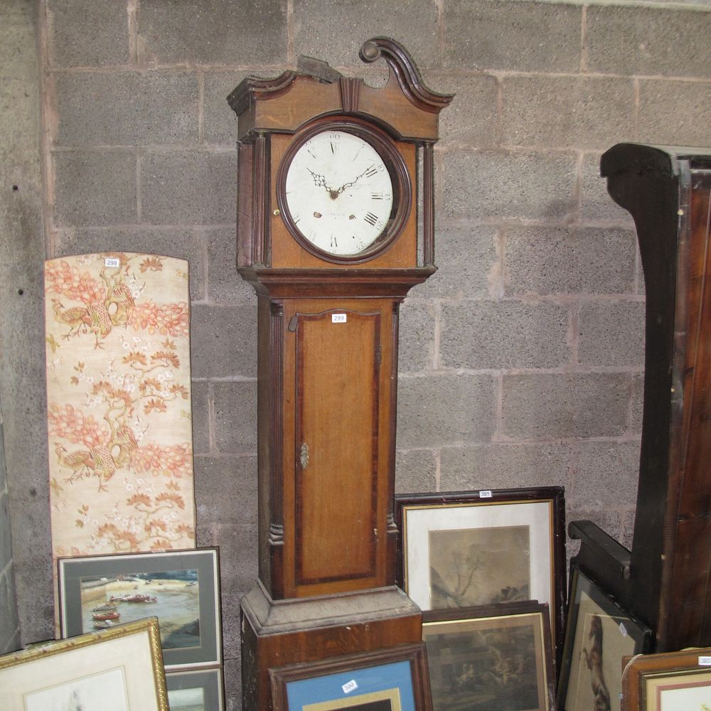 Lot 299: Long case clock af: needs repairs to top...