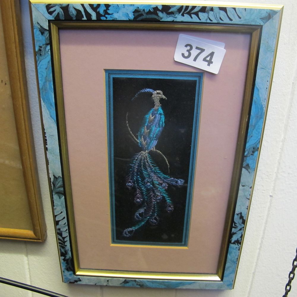 Lot 374: framed and glazed bird embroidery