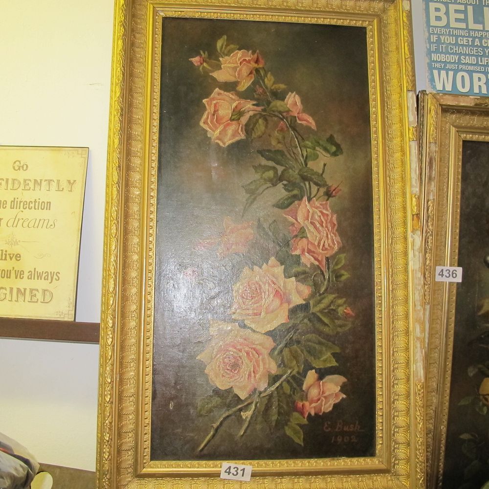 Lot 431: gilt framed floral oil painting by E Bush