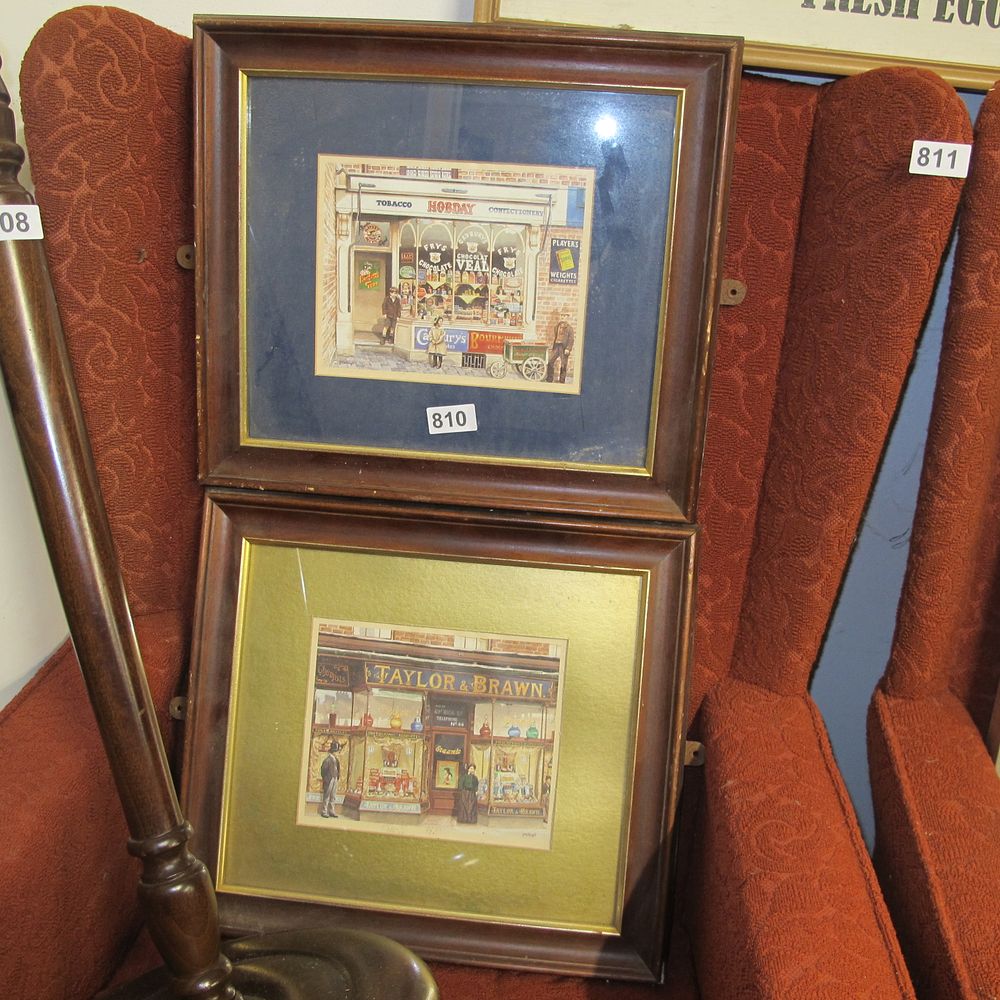 Lot 810: pair of vintage paintings depicting shops very collectable
