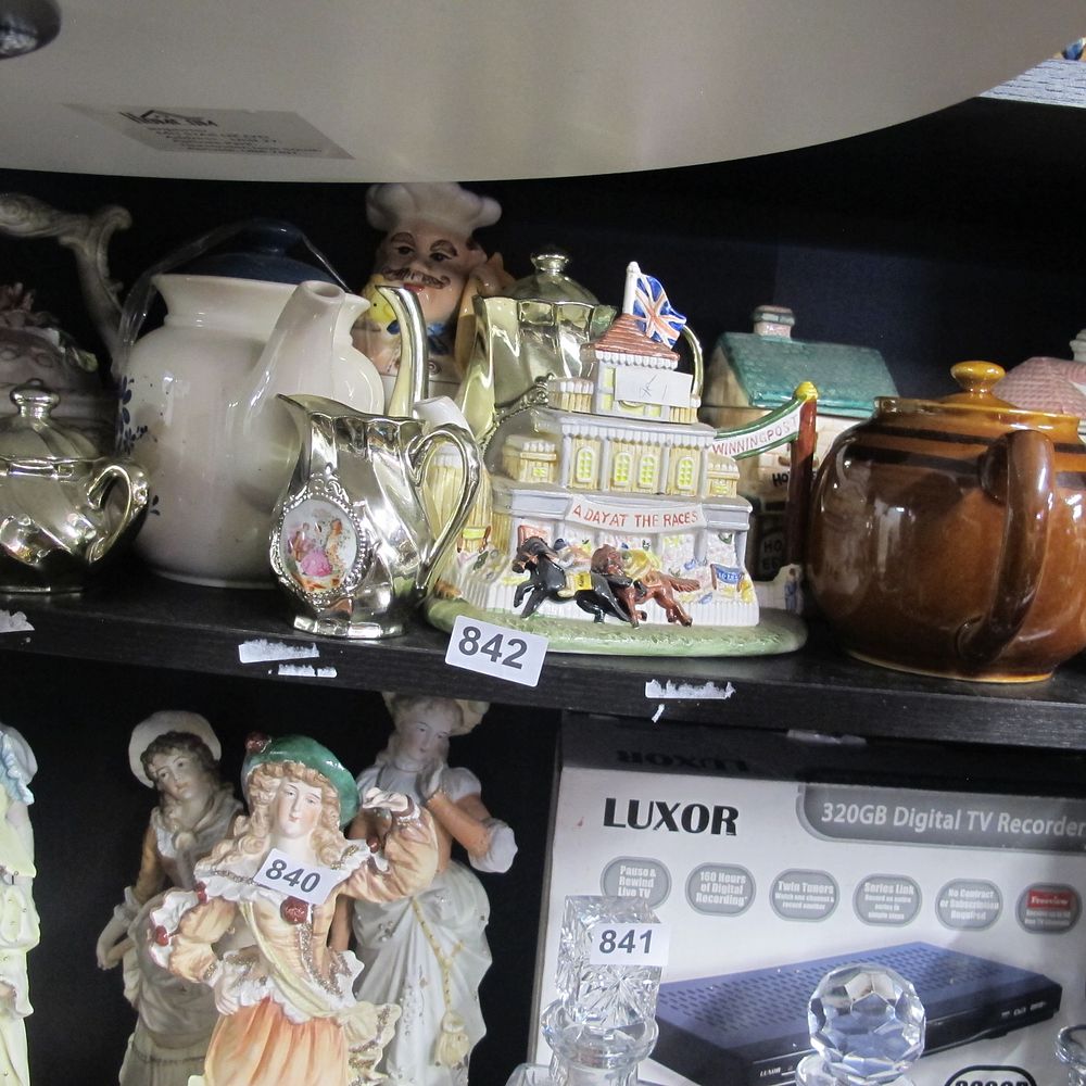 Lot 842: large shelf collection of tea pots tableware etc