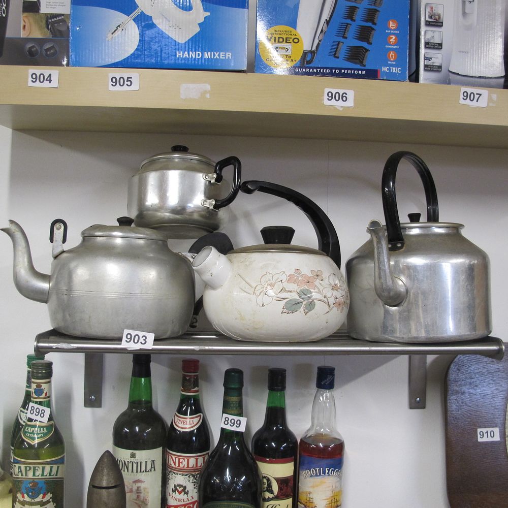 Lot 903: 4 vintage stove top kettles 3 silver 1...