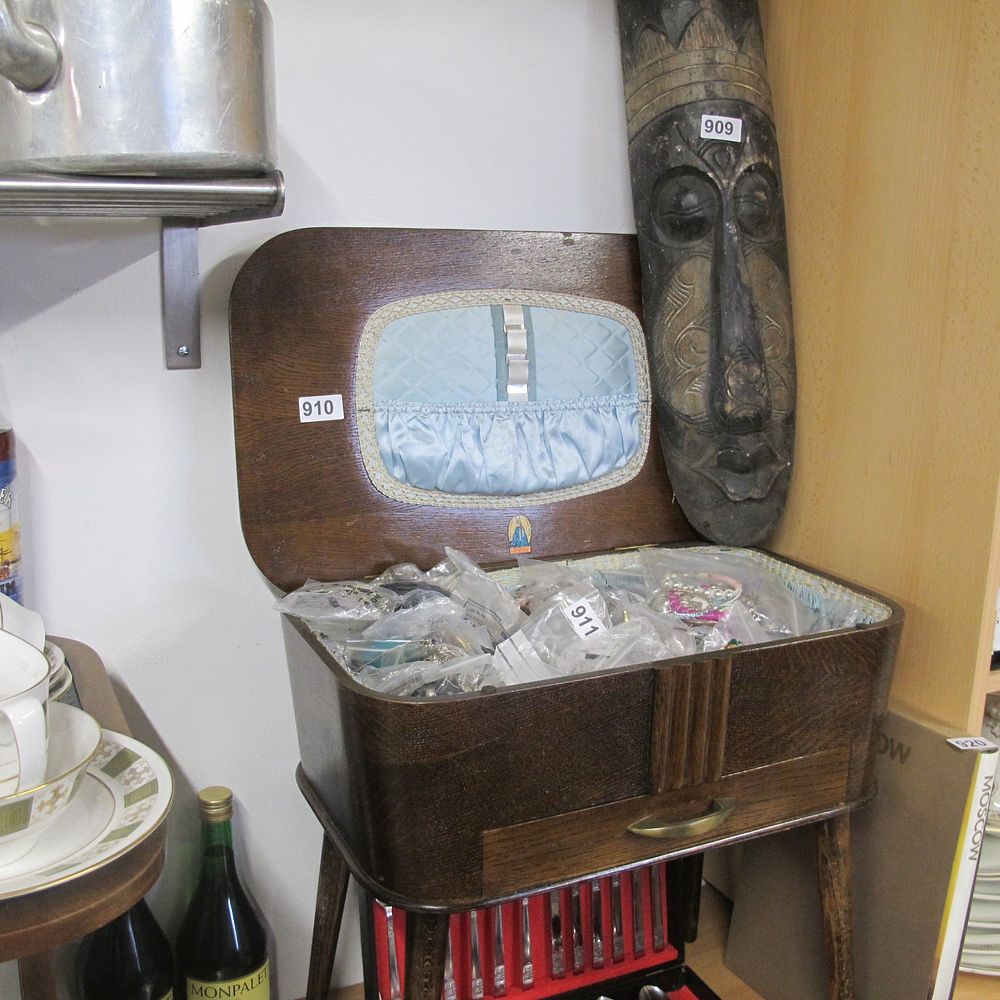 Lot 910: antique sewing box on legs