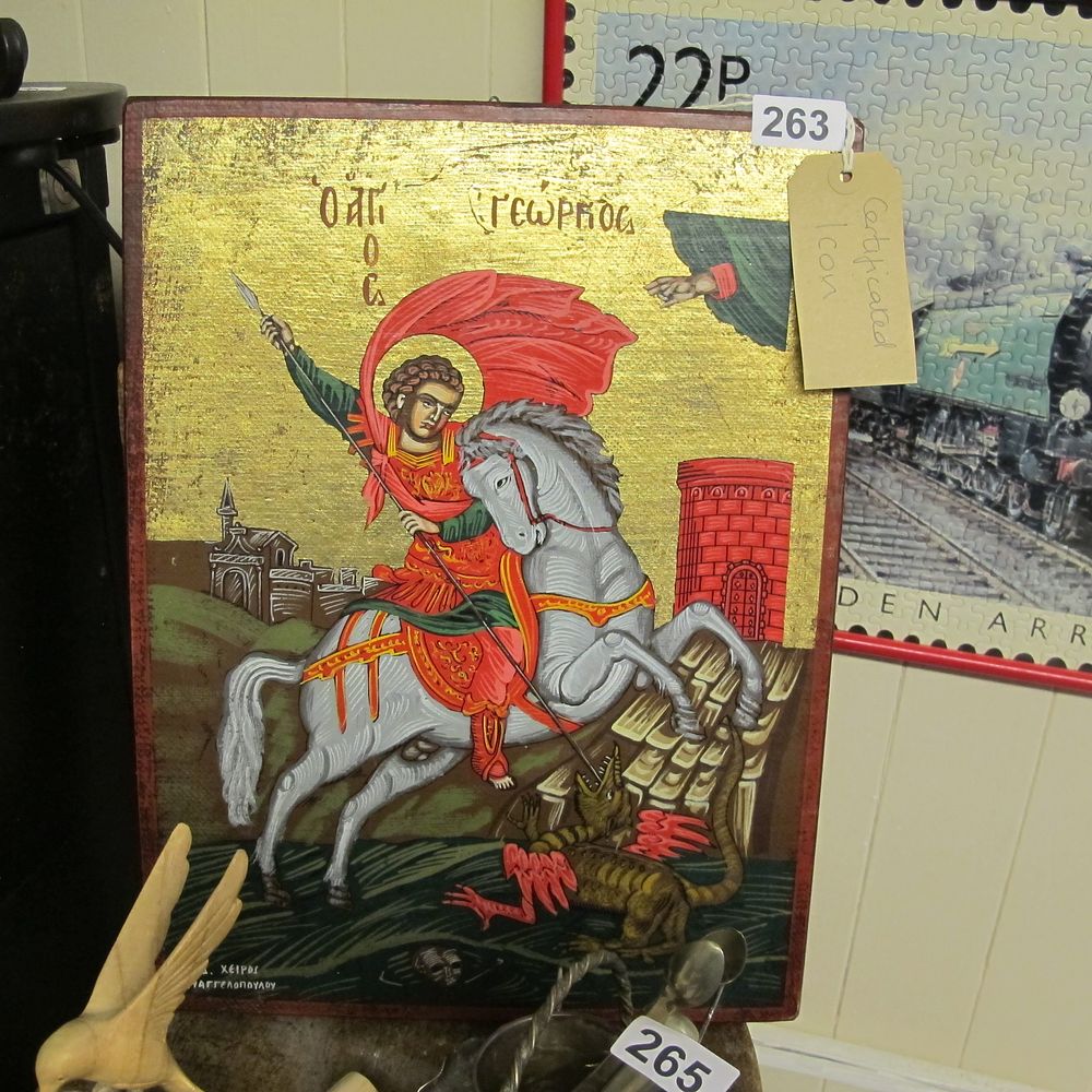 Lot 263: painting of St George engaging in dragon dentistry....