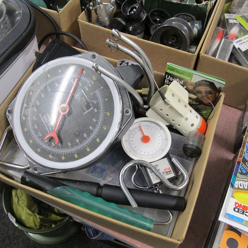 Lot 715: box of misc fishing equipment and tackle etc