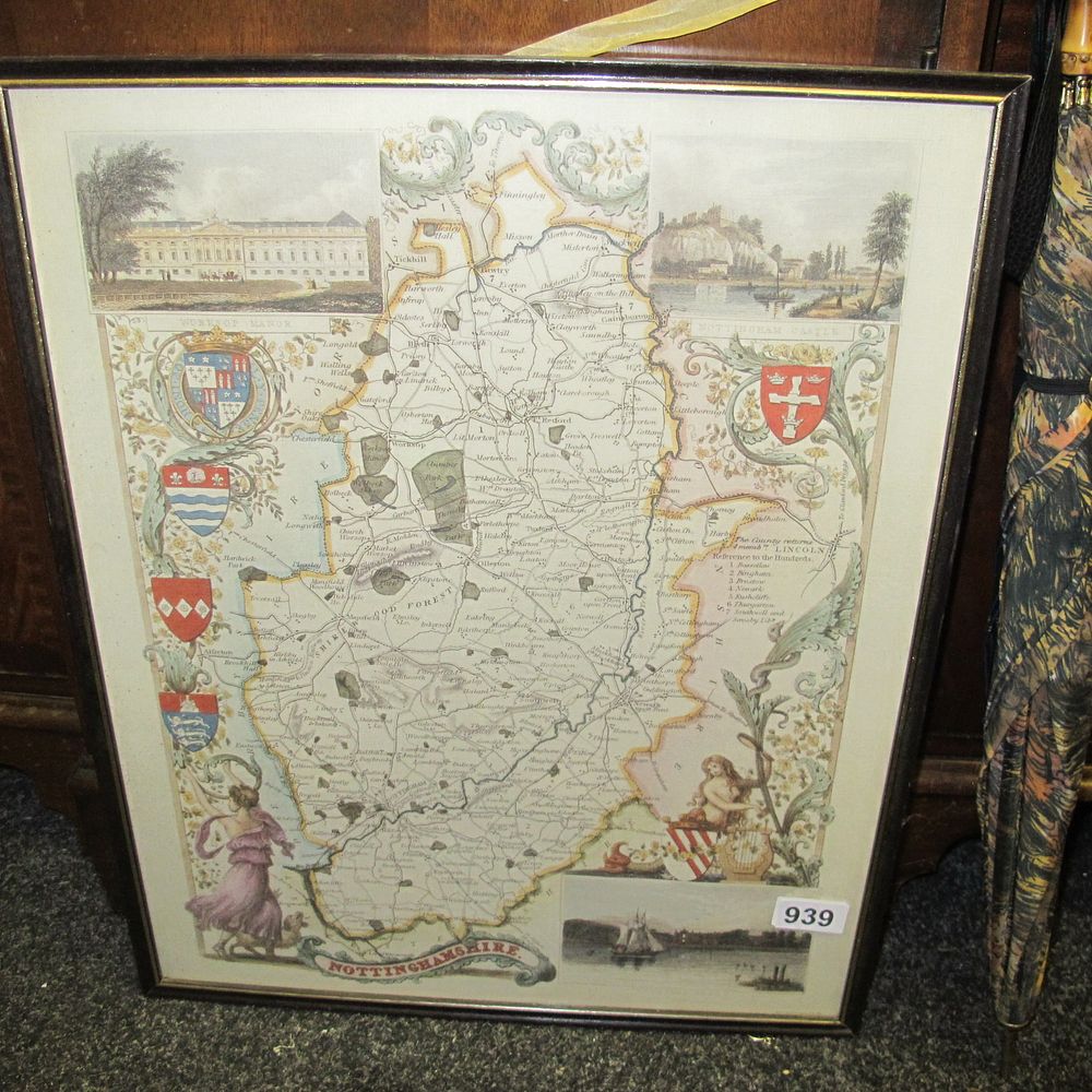 Lot 939: Framed and glazed vintage map of Nottinghamshire