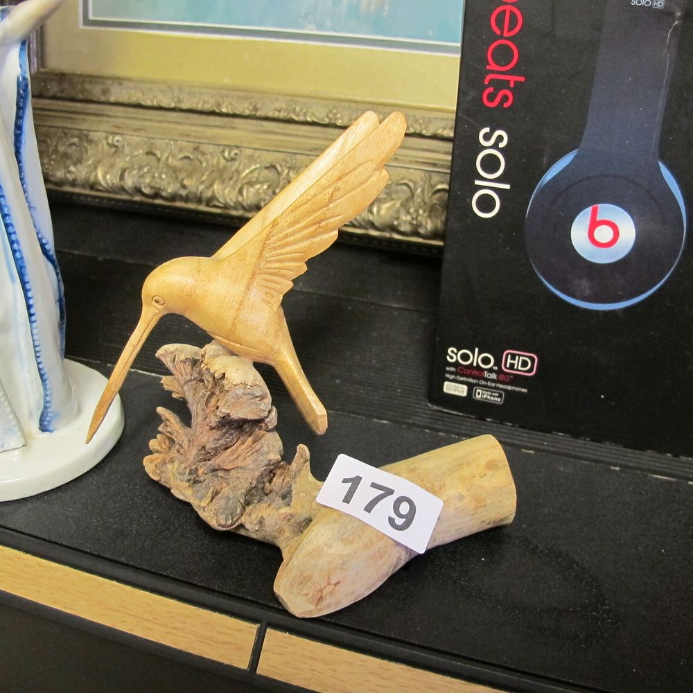 Lot 179: Carved Wooden Hummingbird Sculpture on Driftwood Base