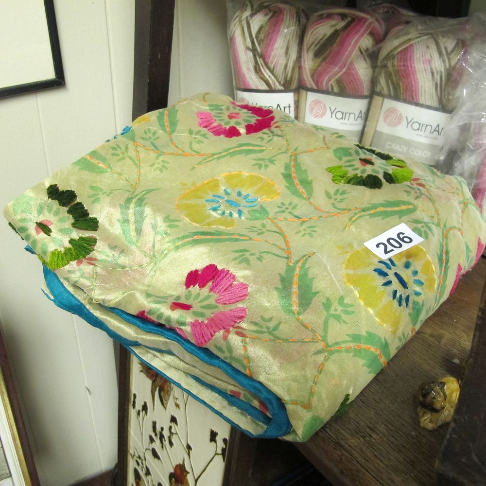 Lot 206: Embroidered Silk Shawl with Floral Pattern and Teal...