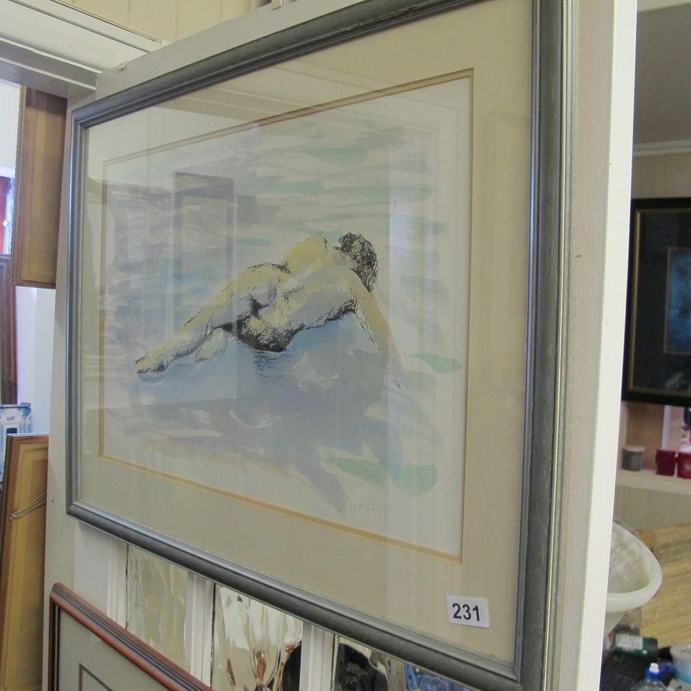 Lot 231: Framed Nude Male Figure Print, Signed Illegibly