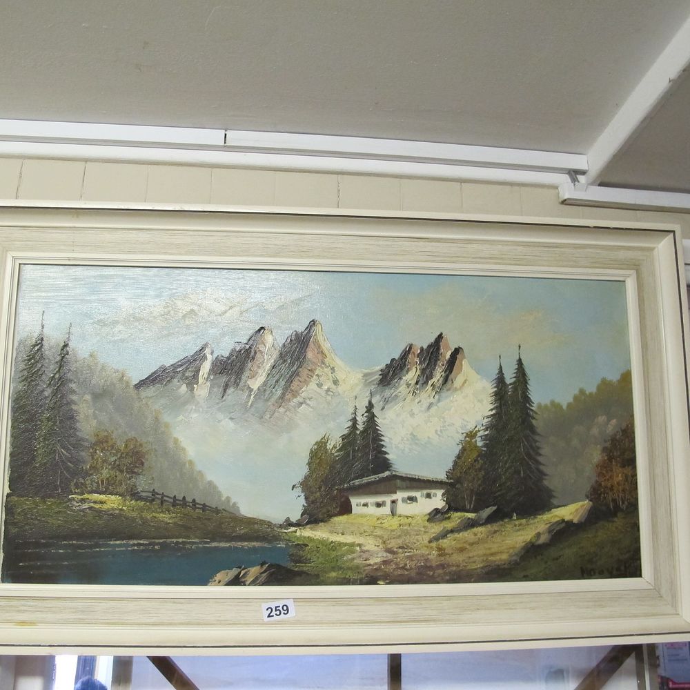 Lot 260: Oil Painting of Mountain Lake Landscape with House