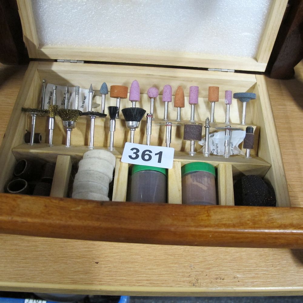 Lot 361: Wooden Box Rotary Tool Accessory Set with Multiple...