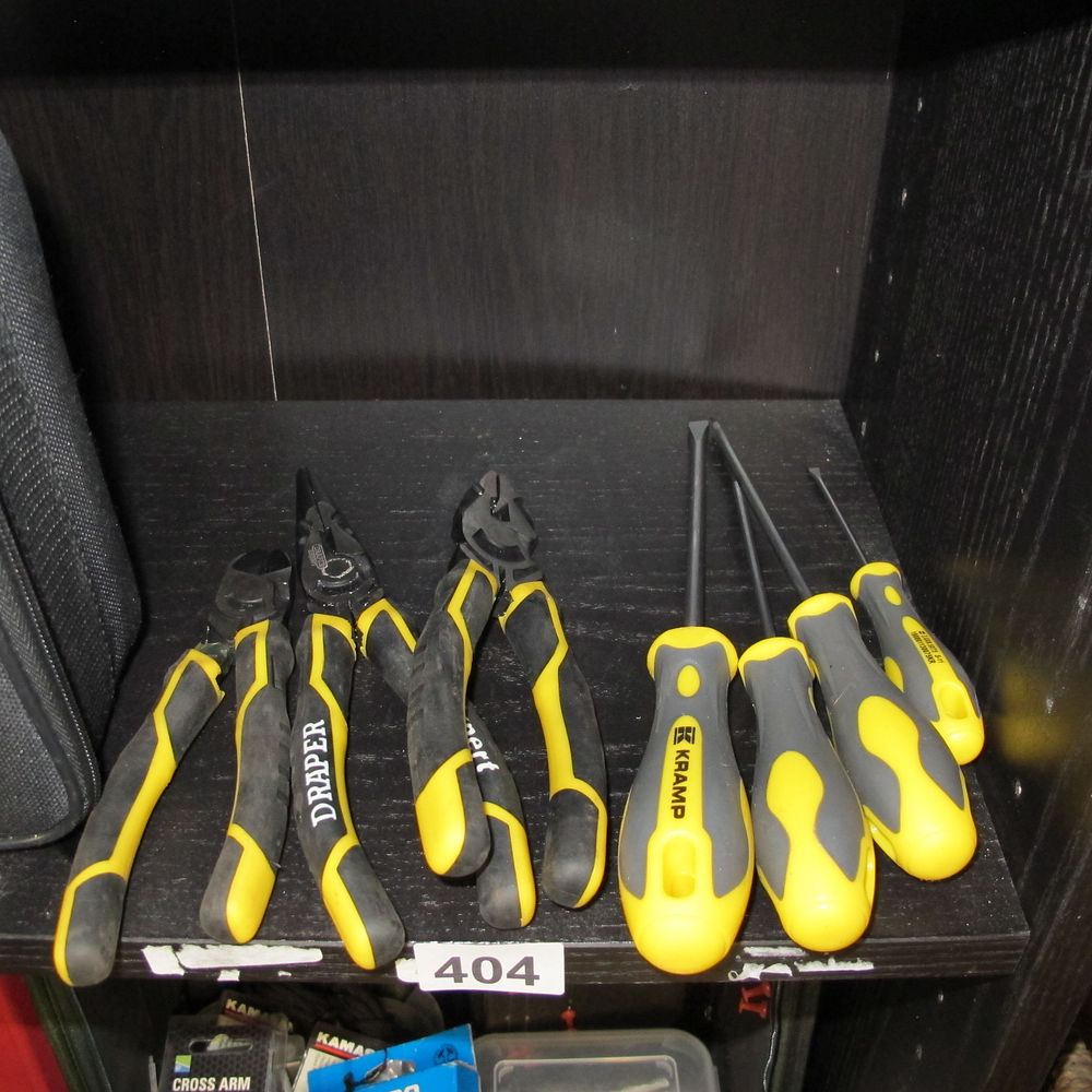 Lot 404: Assorted Hand Tools including Pliers and Screwdrivers