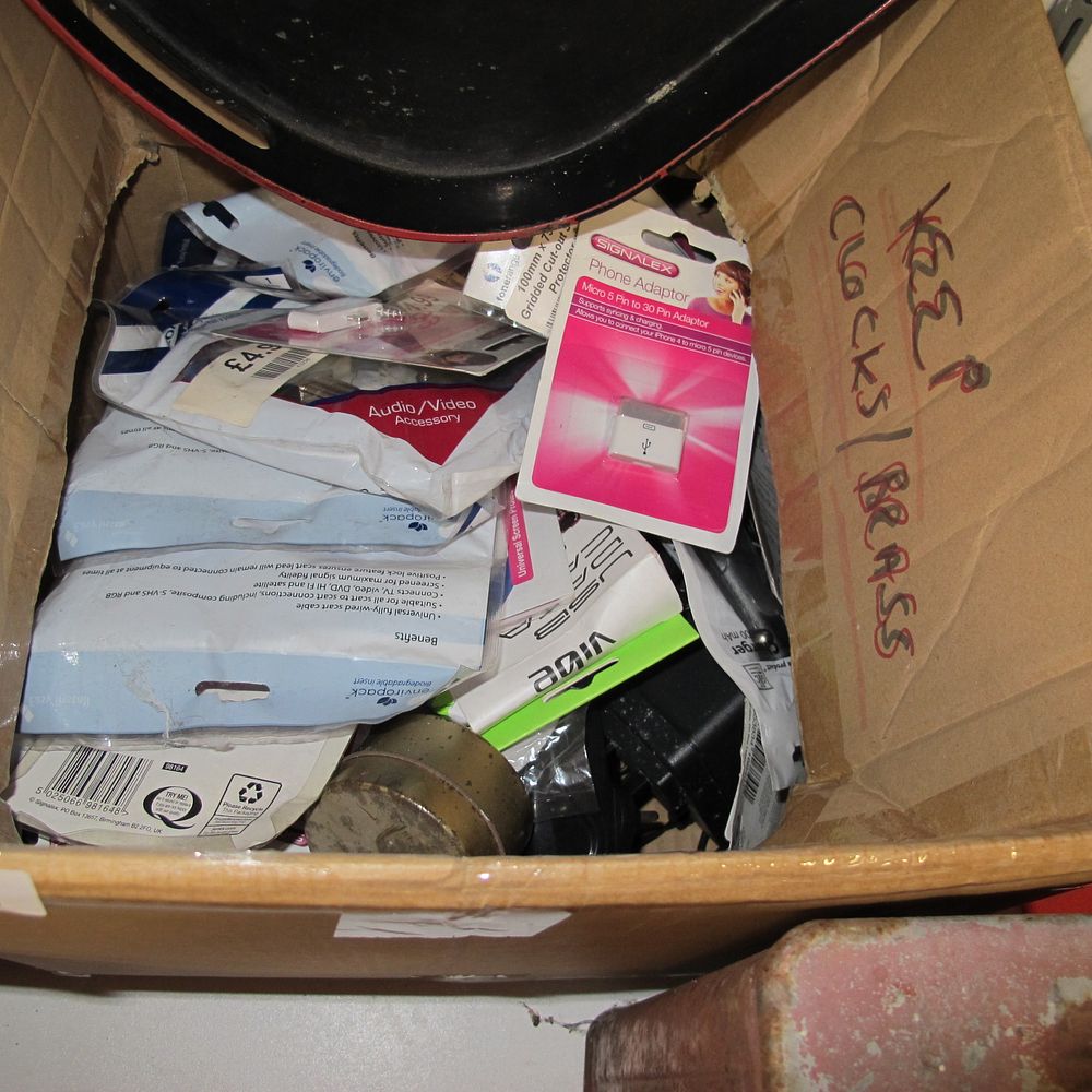 Lot 471: Box of Electronics Accessories, Adaptors, and Metal Components