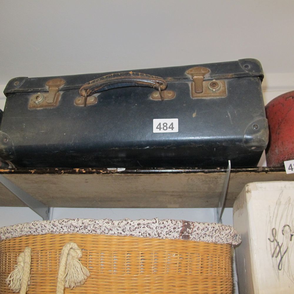 Lot 484: Vintage Dark Blue Suitcase with Brass Hardware
