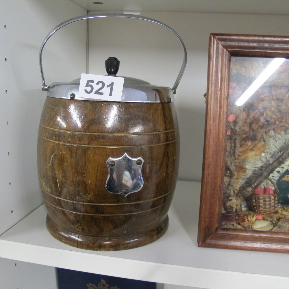 Lot 521: Wooden Barrel-Shaped Biscuit Tin with Chrome Lid