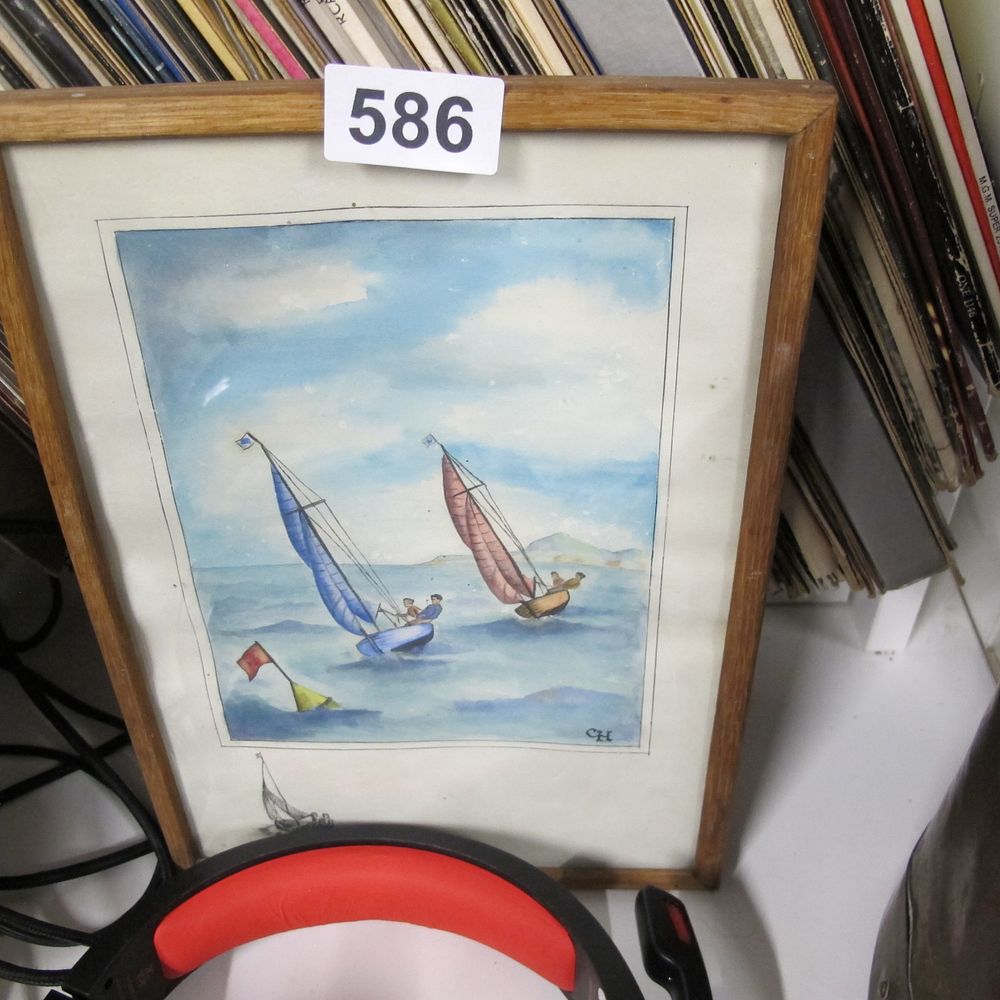 Lot 586: Framed Watercolor Painting: Sailboats on Water