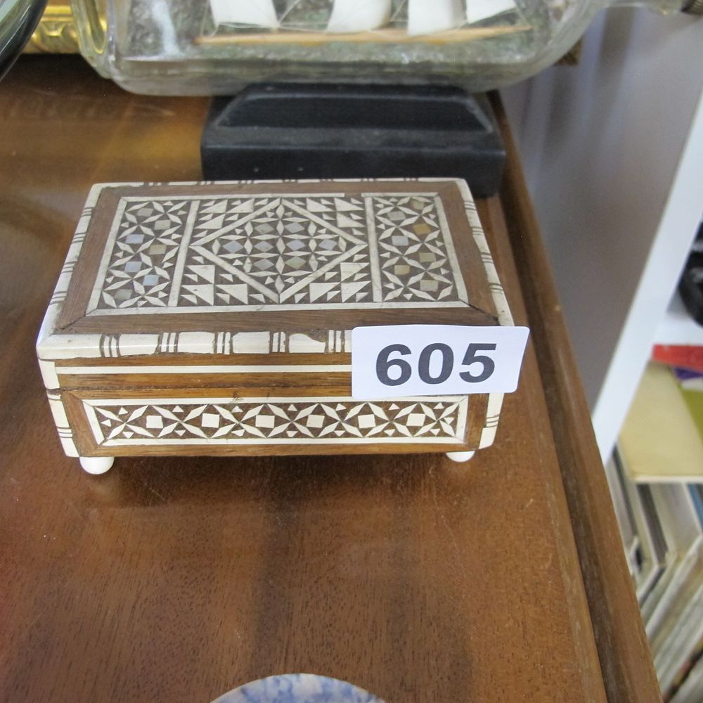 Lot 605: Inlaid Wood Box with Geometric Bone and Ivory...