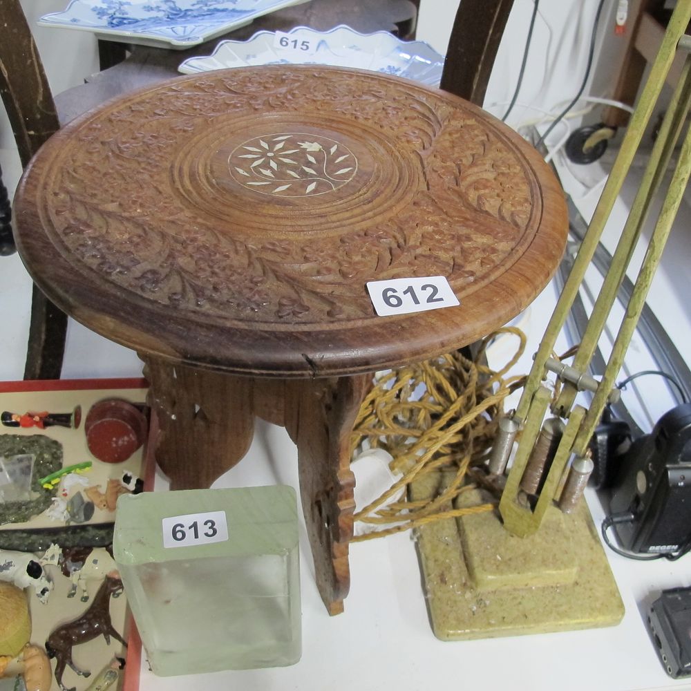 Lot 612: Carved and Inlaid Wooden Three-Legged Stool with Floral...