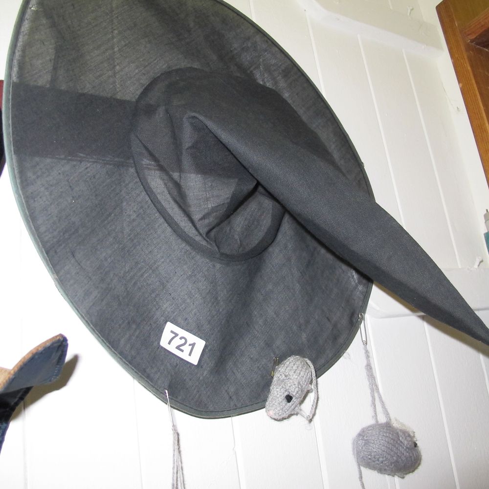 Lot 721: Fabric Witch's Hat with Two Knitted Mouse Figures