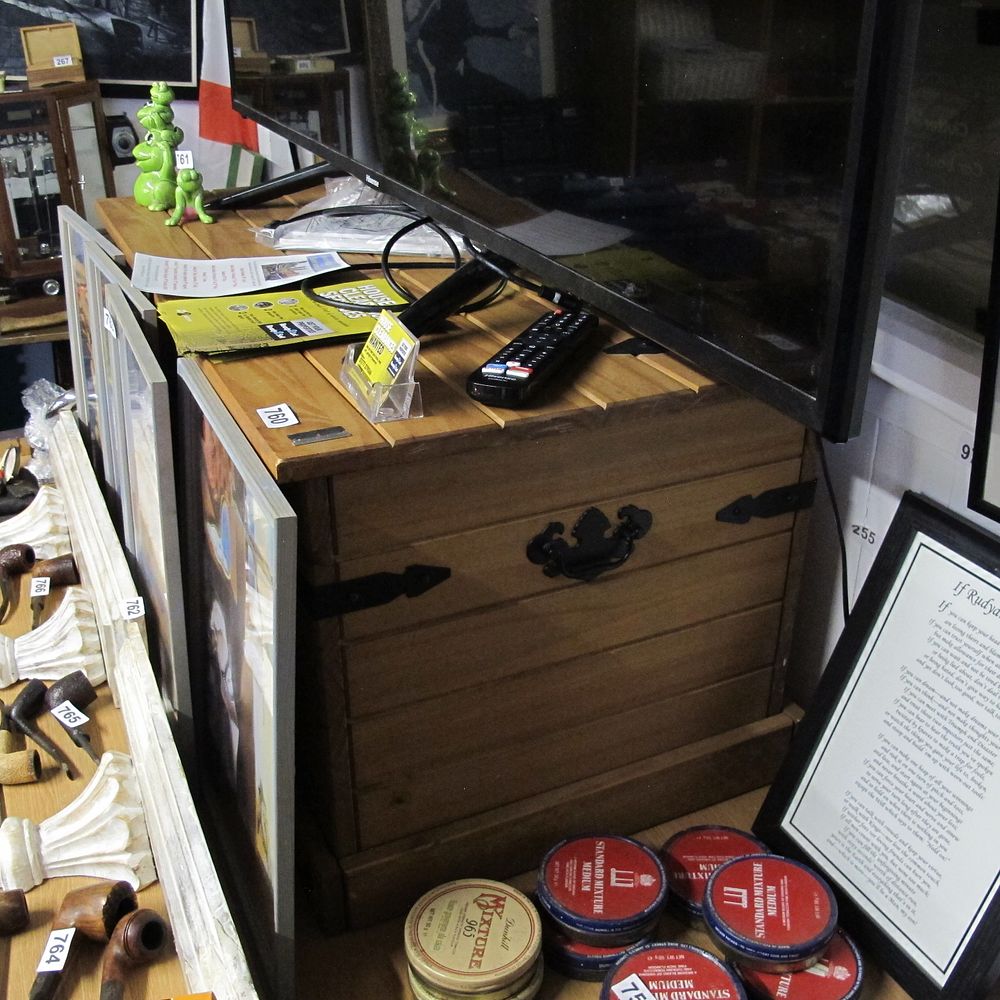 Lot 760: Light Brown Wooden Chest and Associated Items