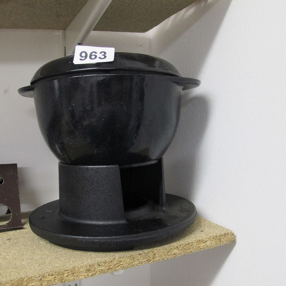 Lot 963: Black Enamel-Coated Pot with Lid and Separate Stand