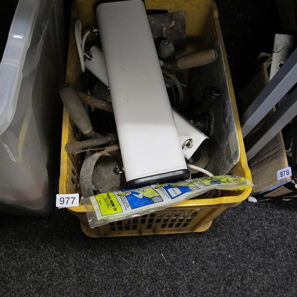 Lot 977: Yellow Crate with Assorted Tools and Plastic Padding