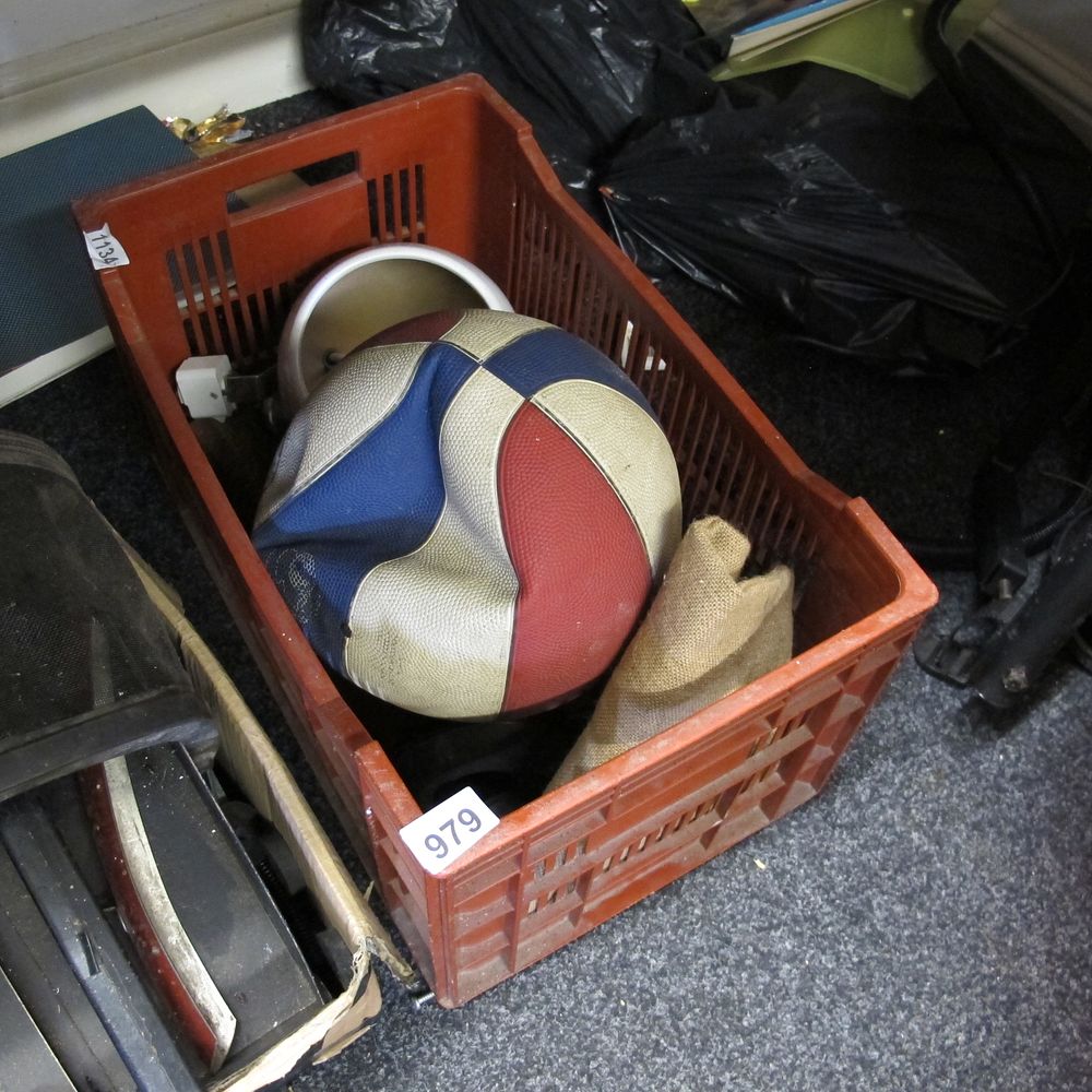 Lot 979: Utility Crate with Deflated Basketball and Assorted Contents