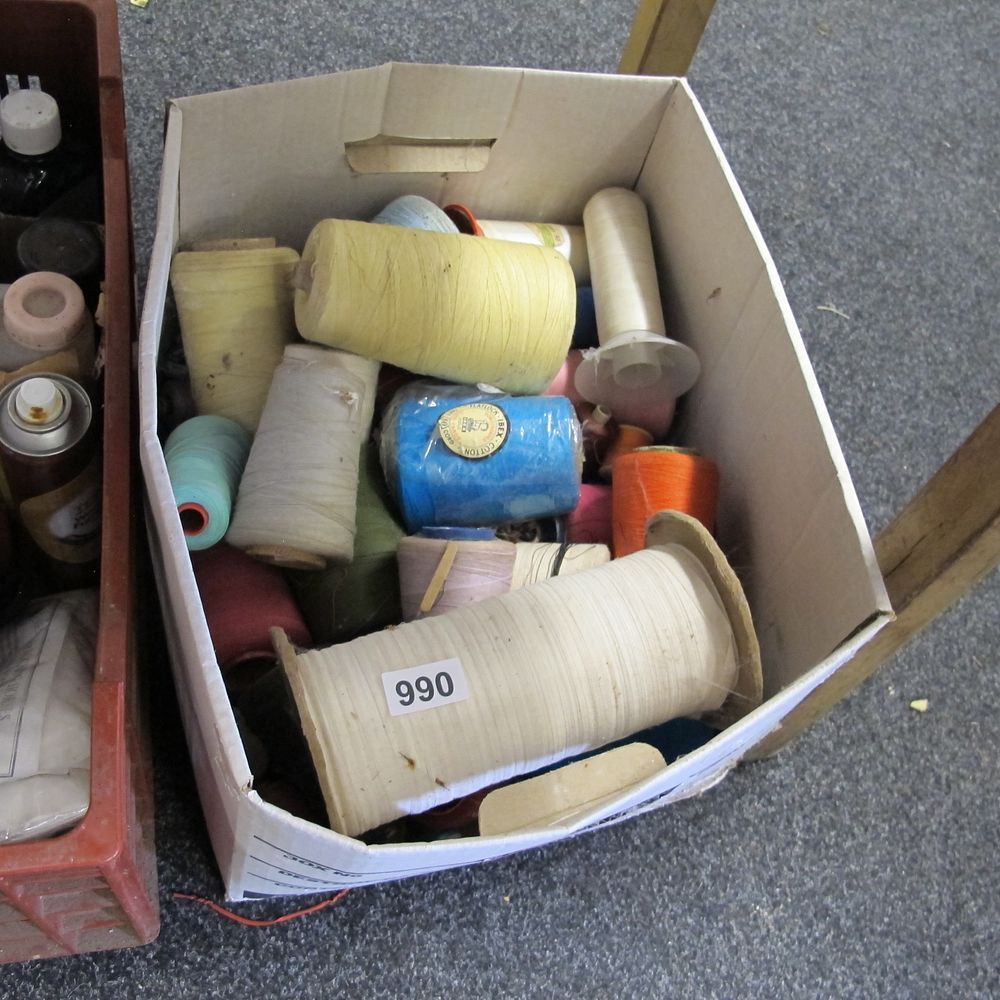 Lot 990: Collection of Various Spools of Thread in Cardboard...