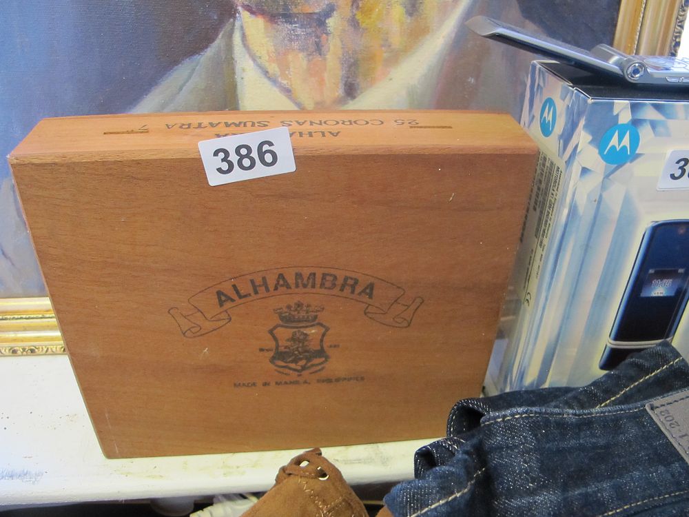 Lot 386: Vintage Alhambra Wooden Cigar Box, Made in Manila,...
