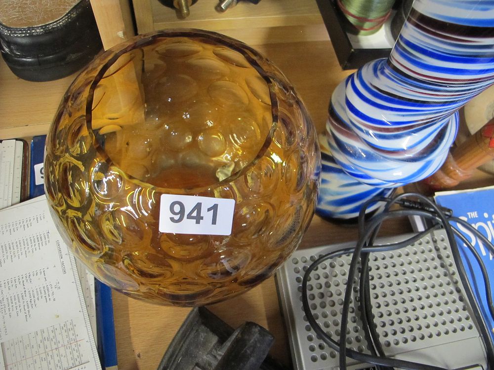 Lot 941: A Large Amber Textured Glass Vase or Bowl