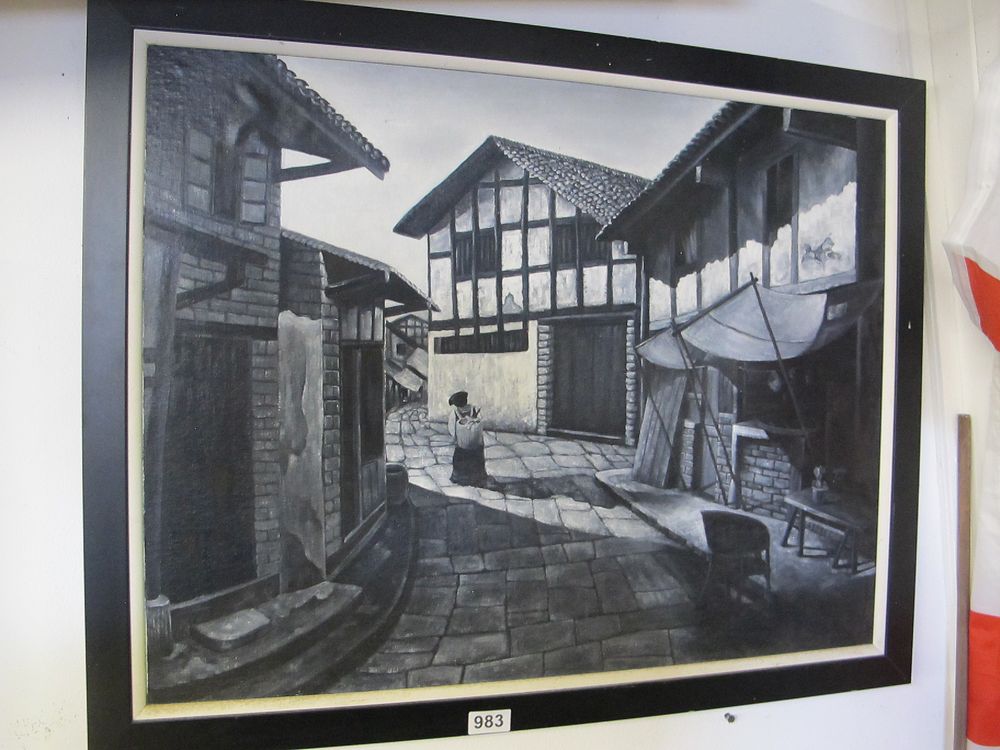 Lot 983: A Framed Monochromatic Painting of an Older Architectural...