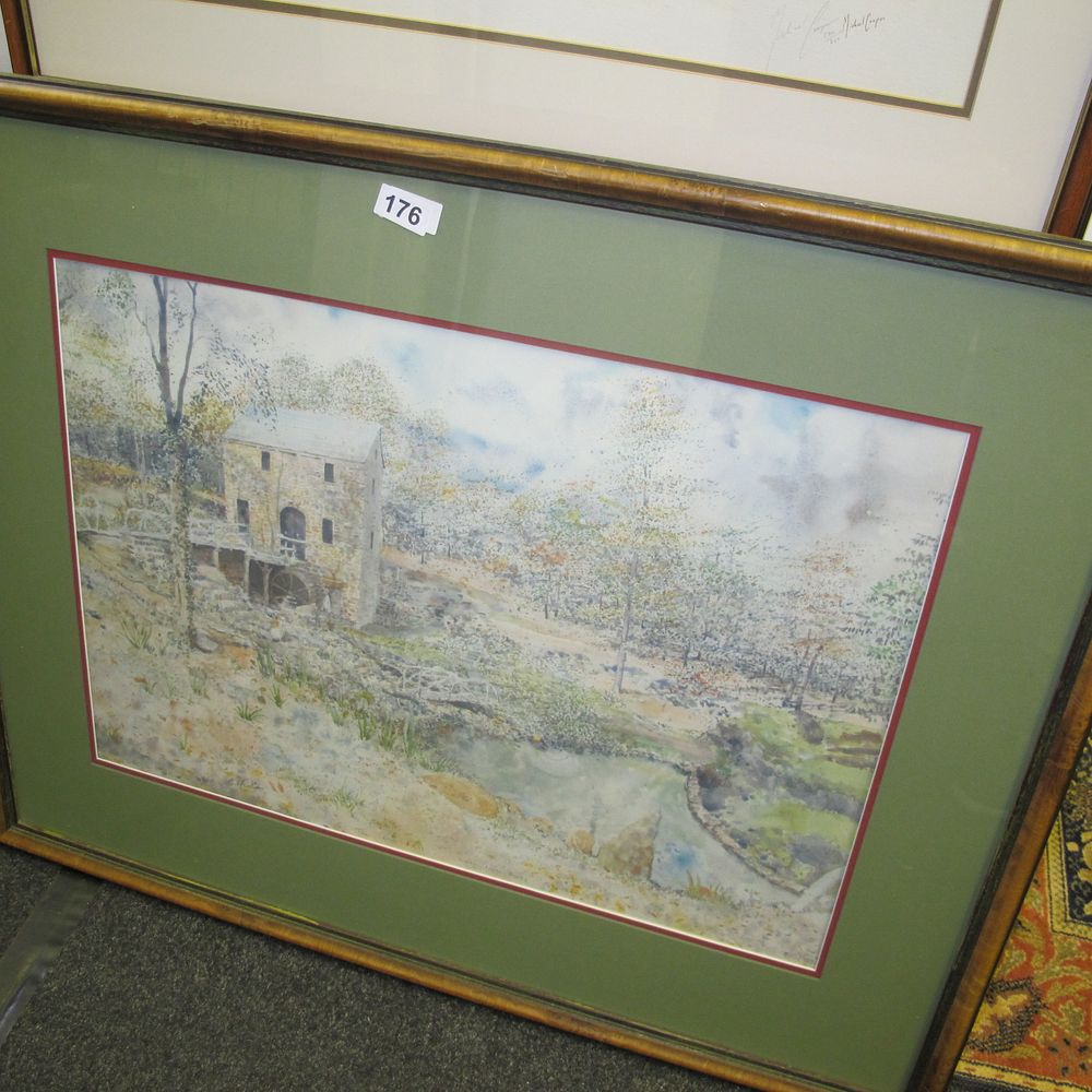 Lot 176: After Paul Sawyier, Rustic Mill Landscape Watercolor