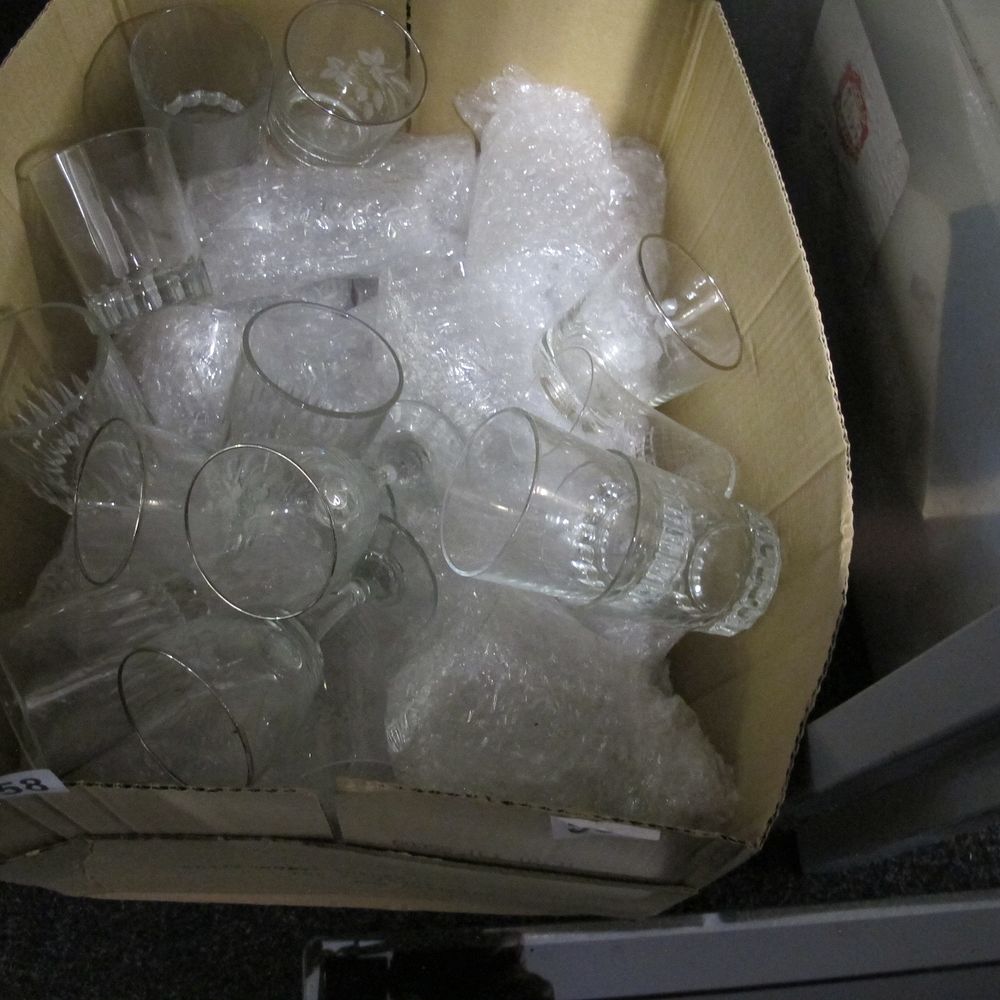 Lot 458: A Box Lot of Assorted Clear Glass Drinking...