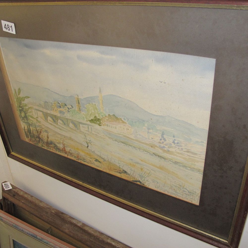 Lot 481: European Panoramic Watercolor Landscape, Faintly Signed 'Riva'