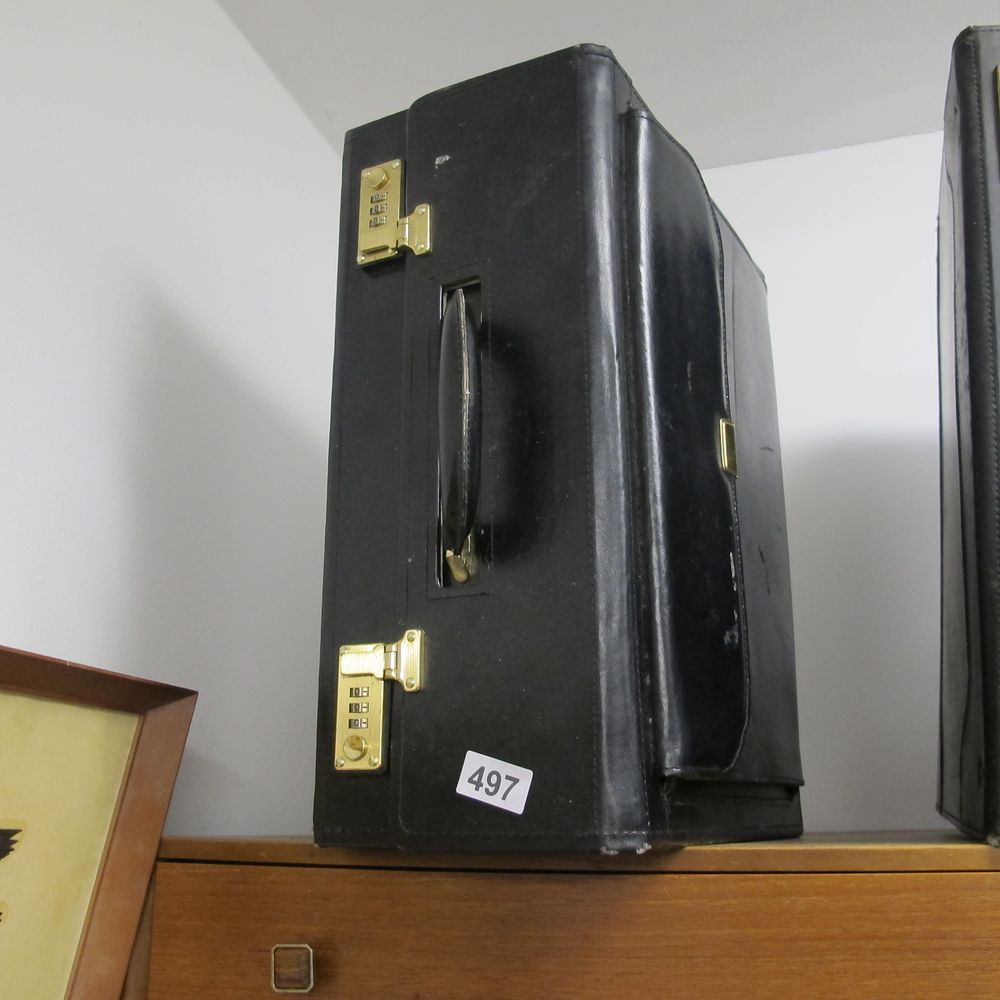 Lot 497: Mid-20th Century Black Attache Briefcase, Likely Leather, with...