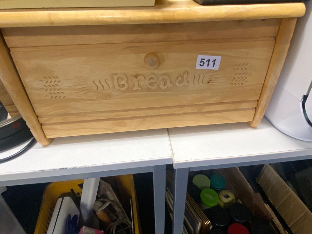 Lot 511: Contemporary Wooden Roll-Top Bread Bin with Carved 'Bread'...