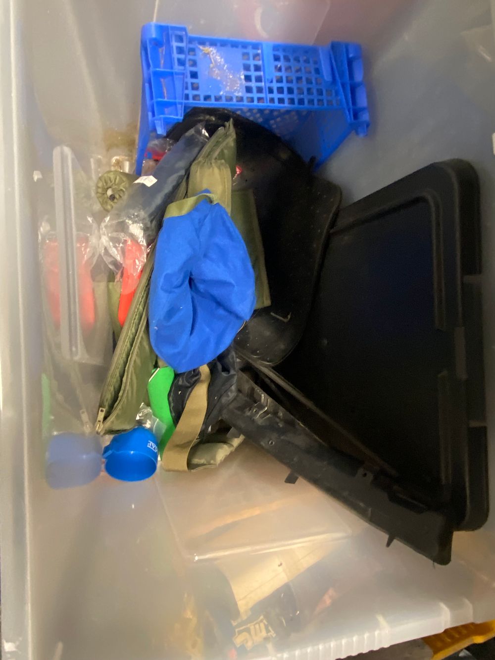 Lot 525: Assorted Utilitarian Items in a Plastic Storage Bin