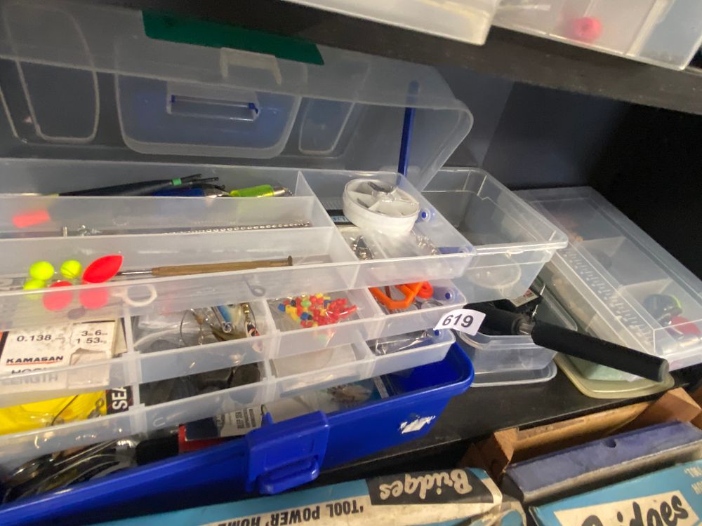 Lot 619: Contemporary Multi-Tiered Fishing Tackle Box with Assorted Contents