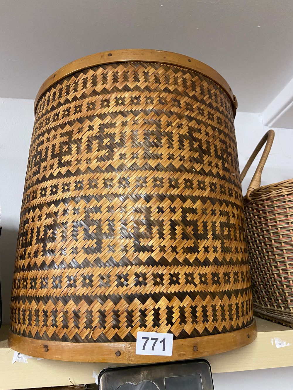 Lot 771: Vintage Chinese Woven Bamboo Hamper with Geometric Pattern