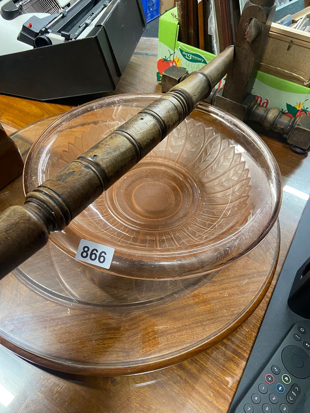 Lot 866: A Rose-Tinted Pressed Glass Bowl with Turned Wooden...
